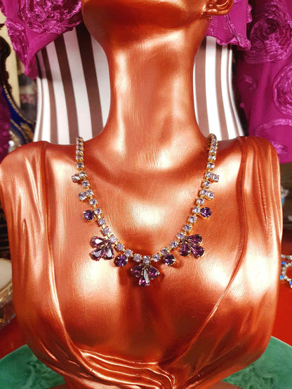 Vintage 1940s Purple Rhinestone Necklace Gold-Tone