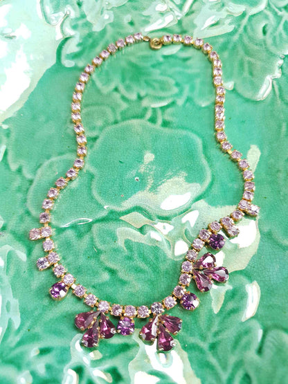 Vintage 1940s Purple Rhinestone Necklace Gold-Tone