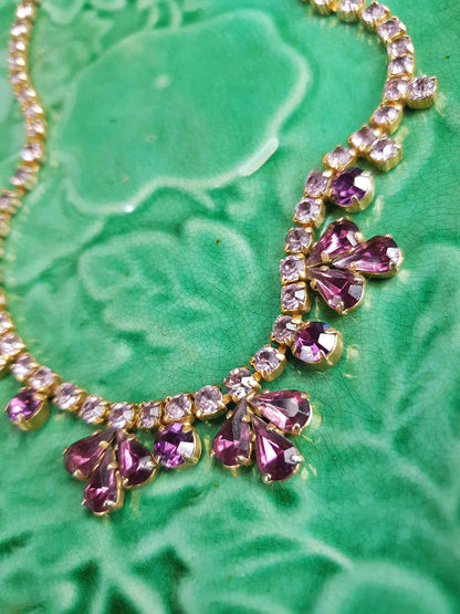 Vintage 1940s Purple Rhinestone Necklace Gold-Tone