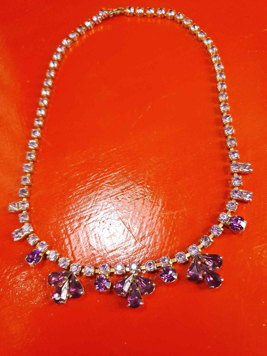 Vintage 1940s Purple Rhinestone Necklace Gold-Tone