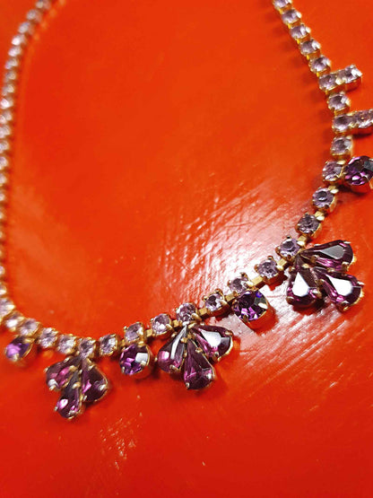 Vintage 1940s Purple Rhinestone Necklace Gold-Tone