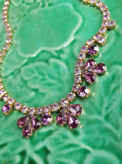 Vintage 1940s Purple Rhinestone Necklace Gold-Tone