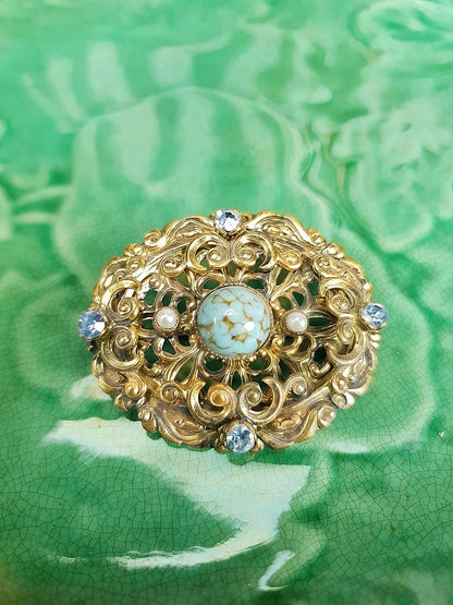 Vintage 1940s Czech Filigree Blue Rhinestone Brooch