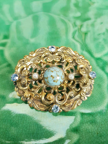 Vintage 1940s Czech Filigree Blue Rhinestone Brooch