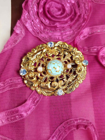 Vintage 1940s Czech Filigree Blue Rhinestone Brooch