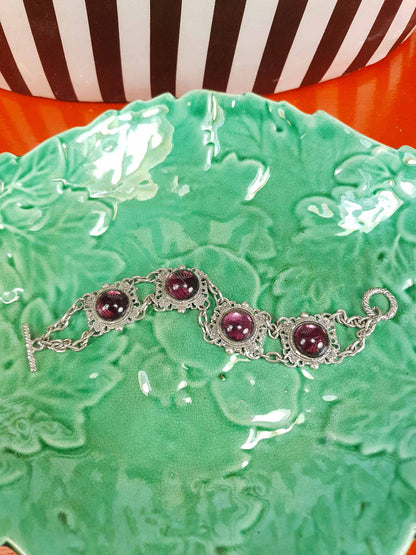 Vintage 1940s Purple Cabochon Pewter Filigree Bracelet