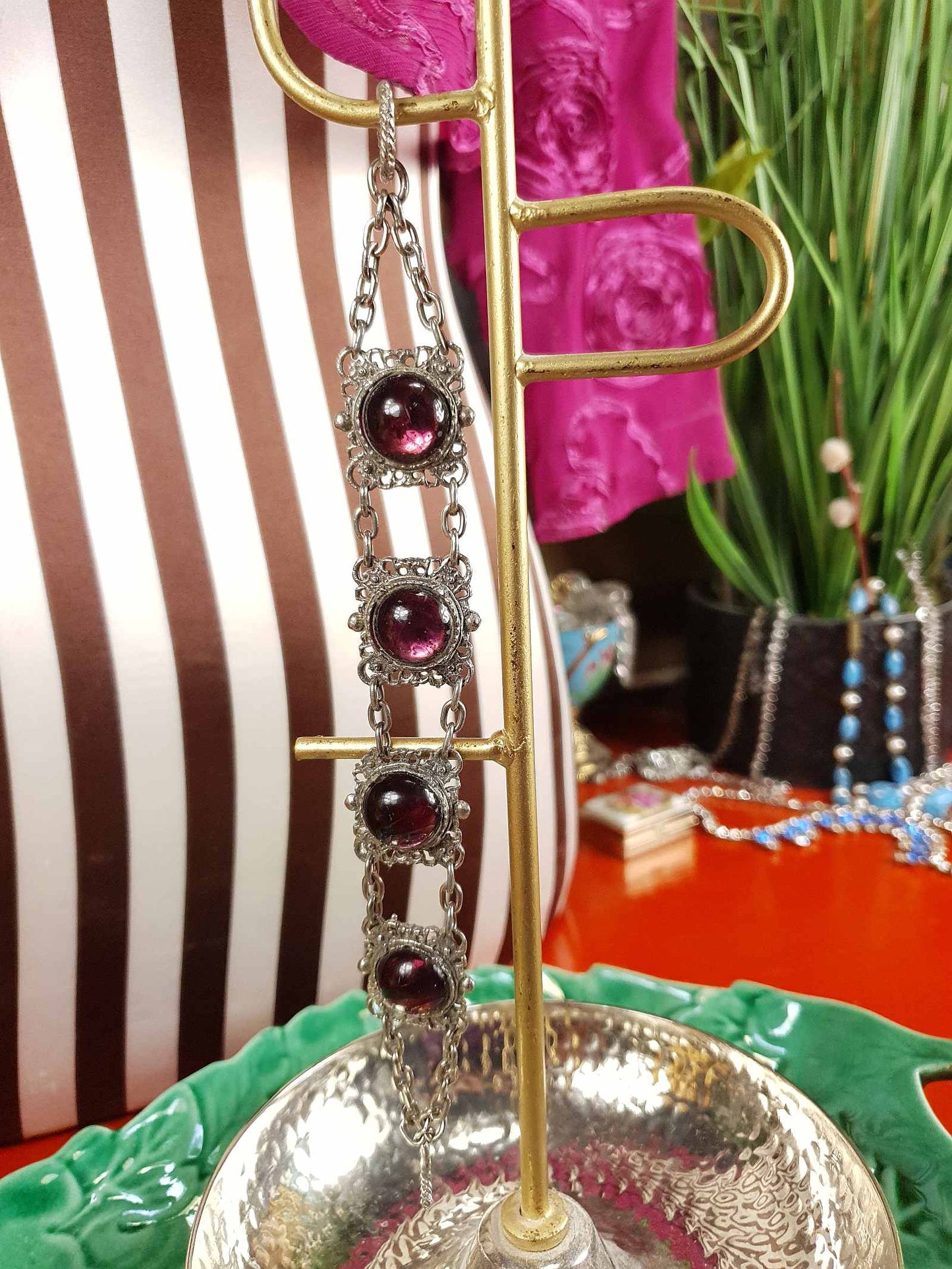 Vintage 1940s Purple Cabochon Pewter Filigree Bracelet