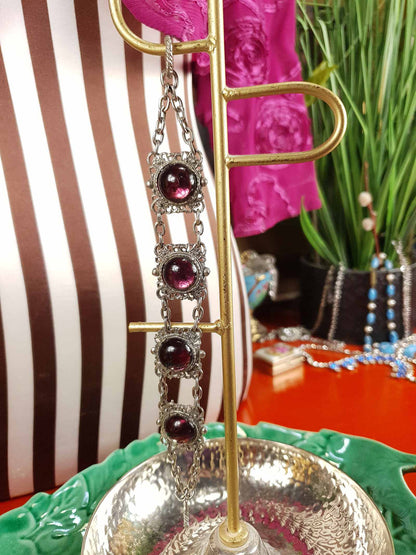 Vintage 1940s Purple Cabochon Pewter Filigree Bracelet