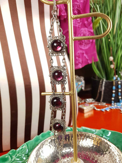 Vintage 1940s Purple Cabochon Pewter Filigree Bracelet
