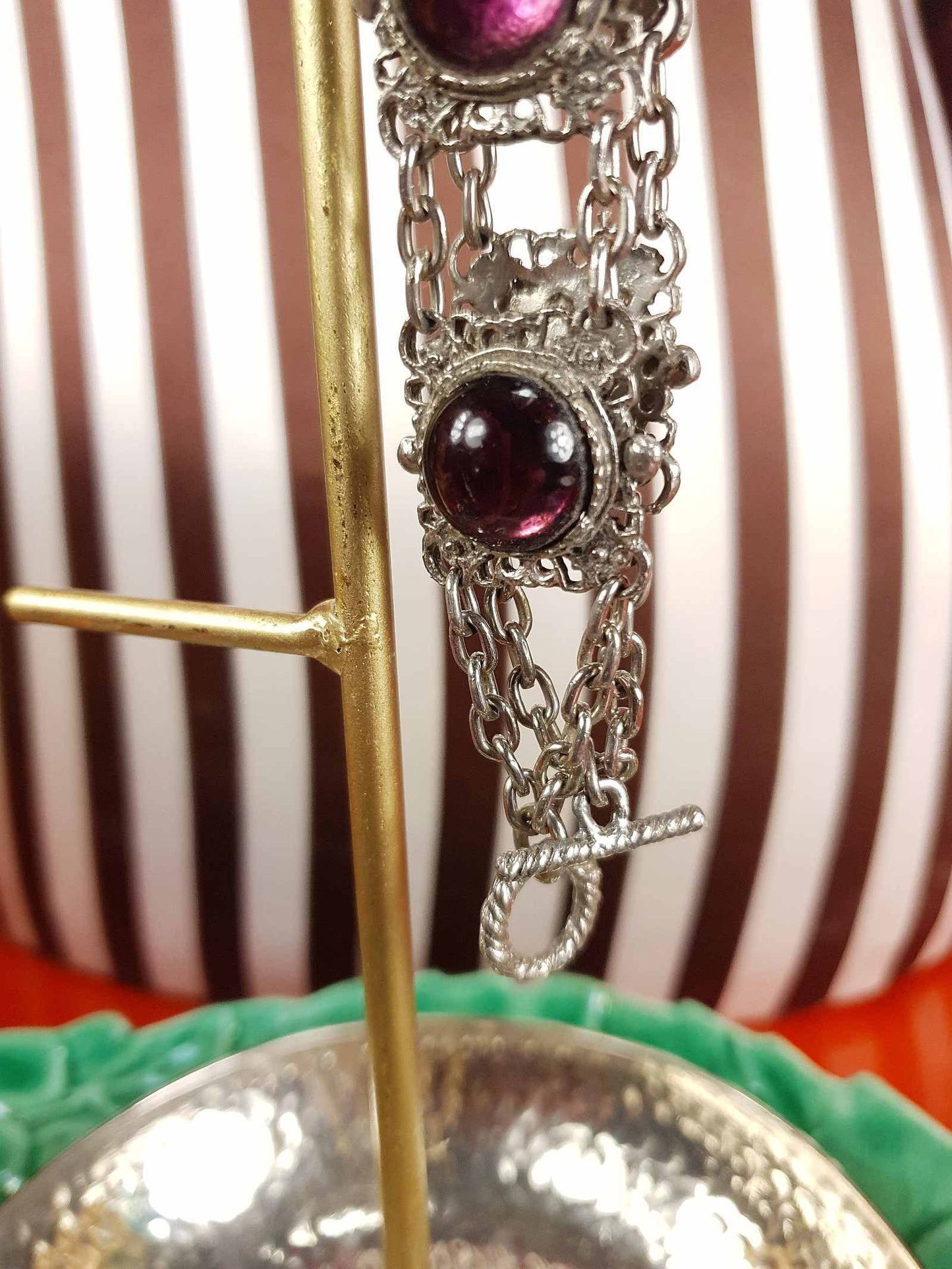 Vintage 1940s Purple Cabochon Pewter Filigree Bracelet