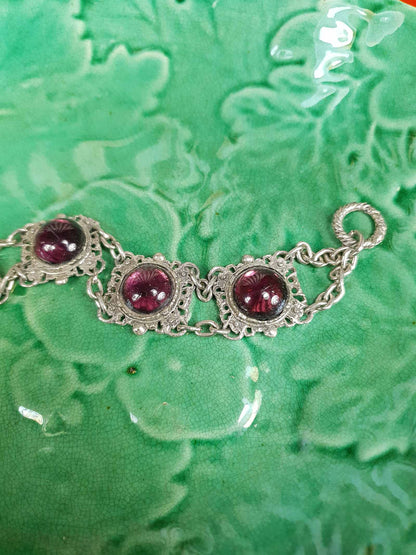 Vintage 1940s Purple Cabochon Pewter Filigree Bracelet