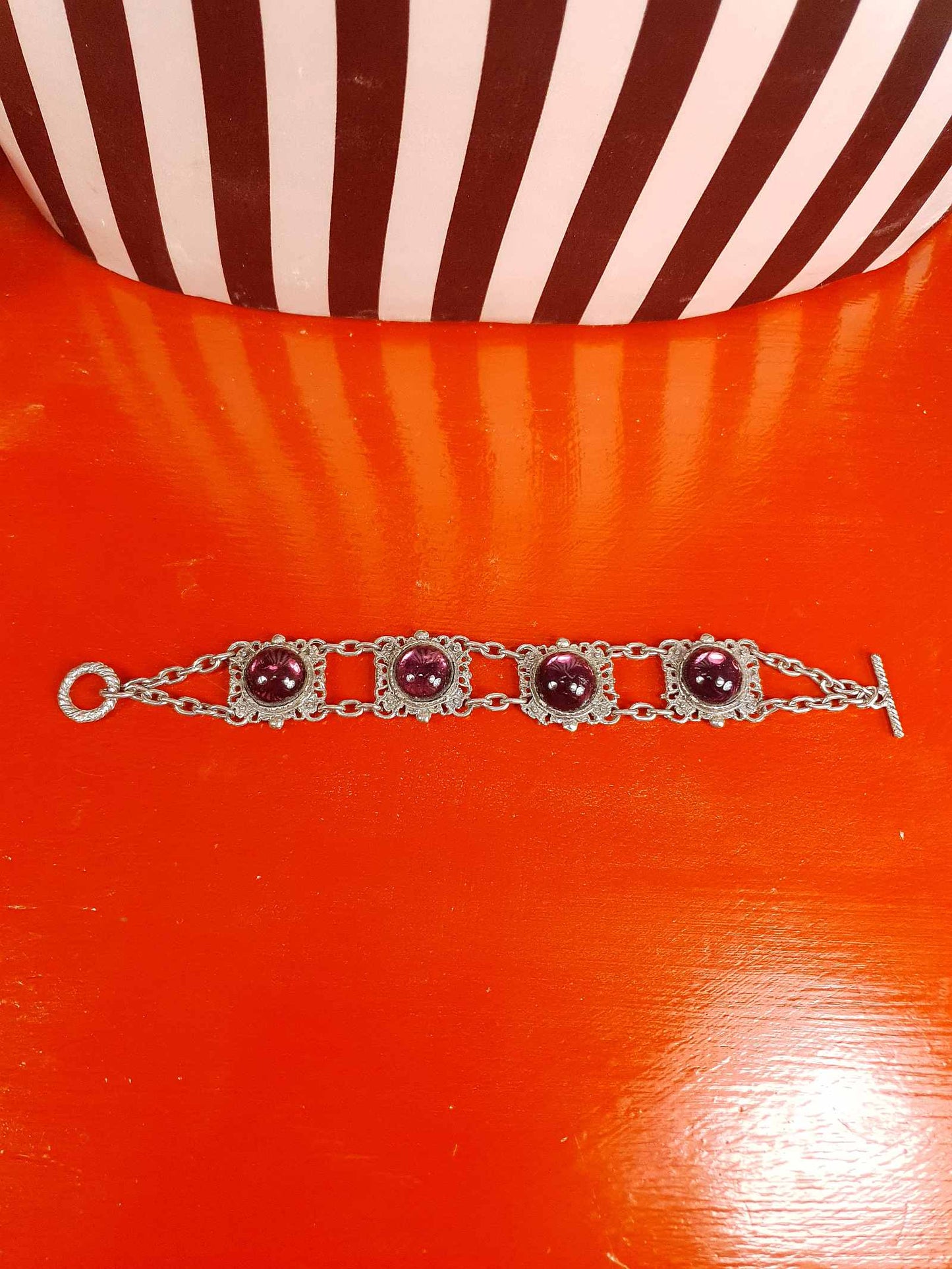 Vintage 1940s Purple Cabochon Pewter Filigree Bracelet