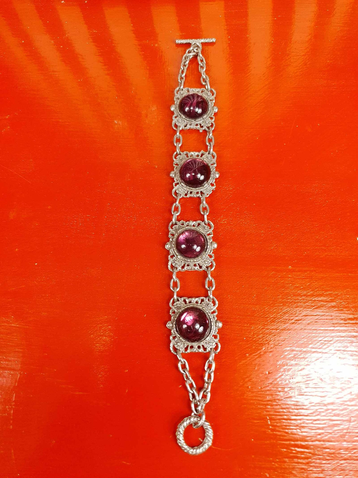 Vintage 1940s Purple Cabochon Pewter Filigree Bracelet