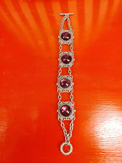 Vintage 1940s Purple Cabochon Pewter Filigree Bracelet