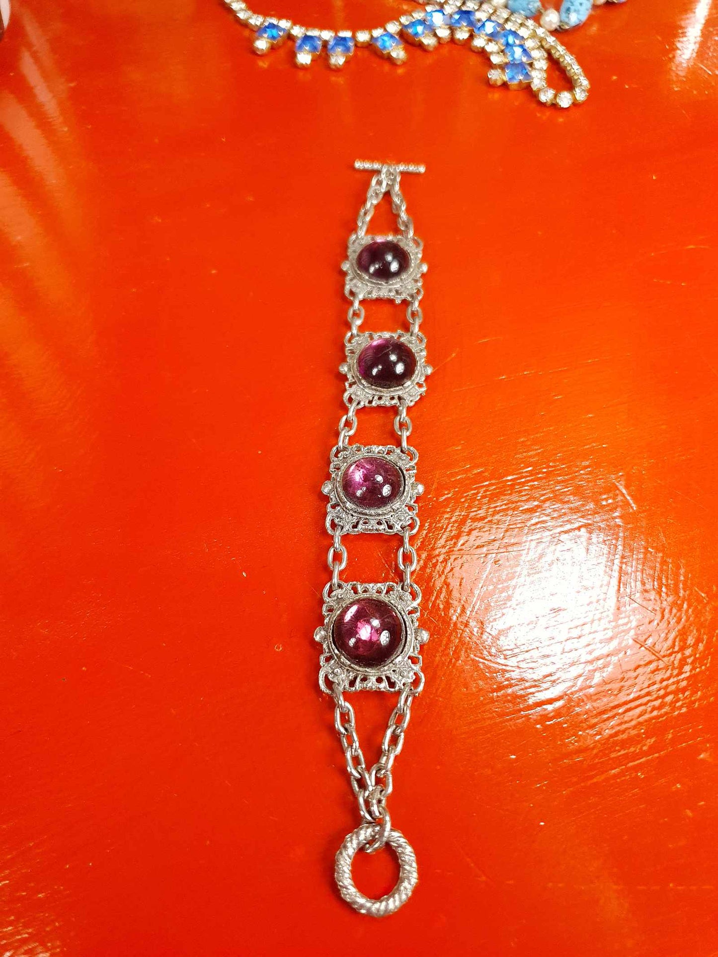 Vintage 1940s Purple Cabochon Pewter Filigree Bracelet
