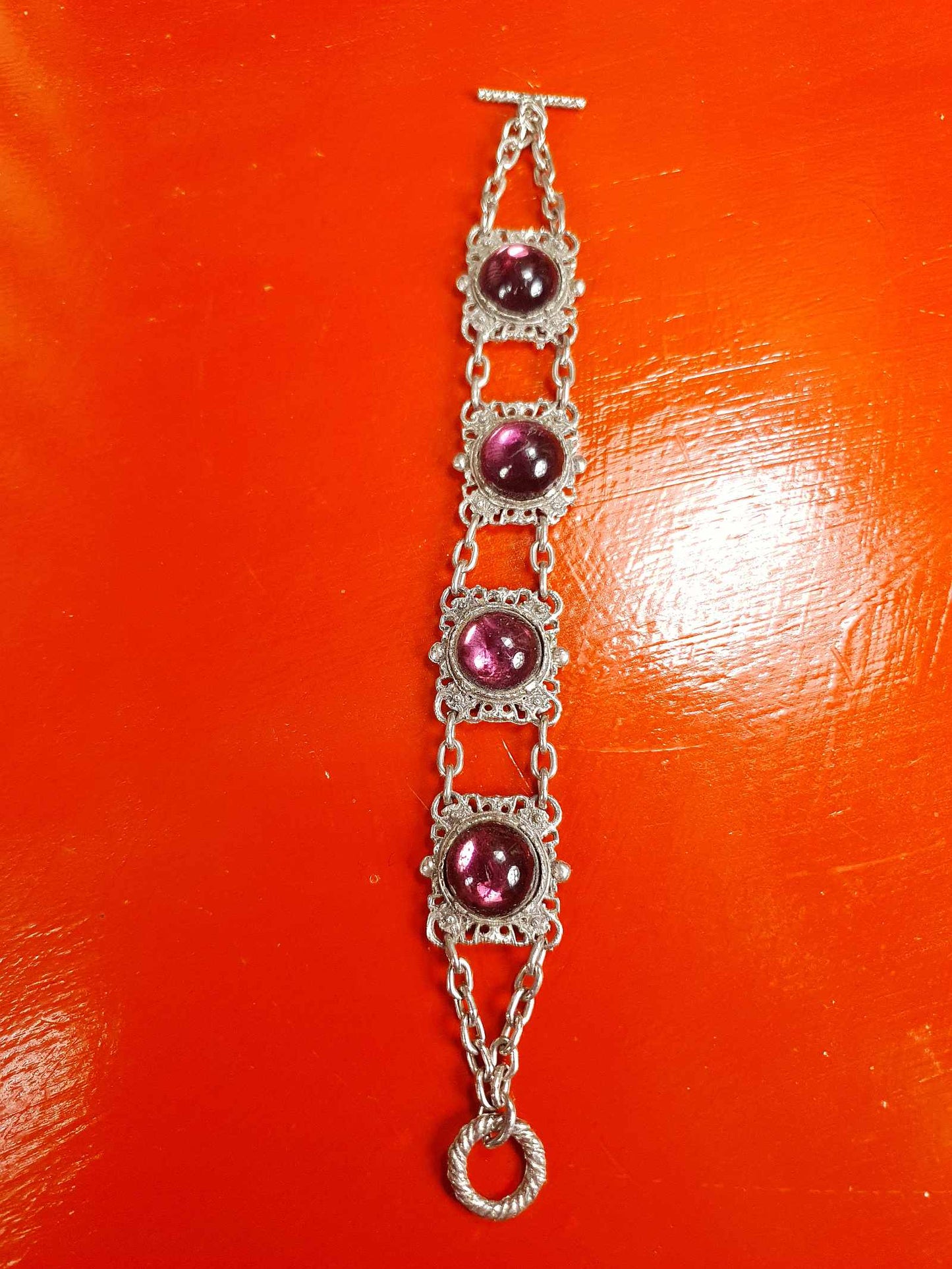 Vintage 1940s Purple Cabochon Pewter Filigree Bracelet