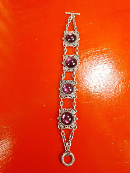 Vintage 1940s Purple Cabochon Pewter Filigree Bracelet
