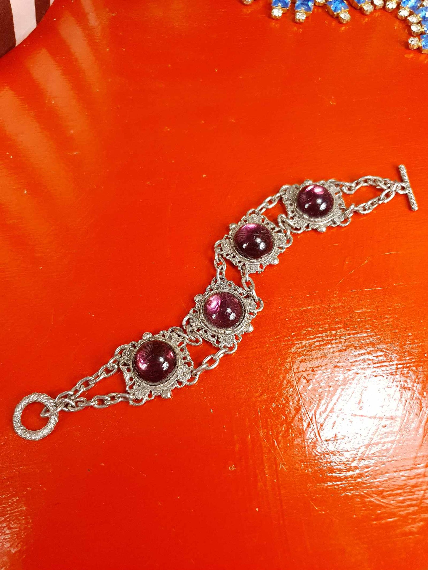 Vintage 1940s Purple Cabochon Pewter Filigree Bracelet