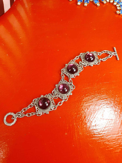 Vintage 1940s Purple Cabochon Pewter Filigree Bracelet