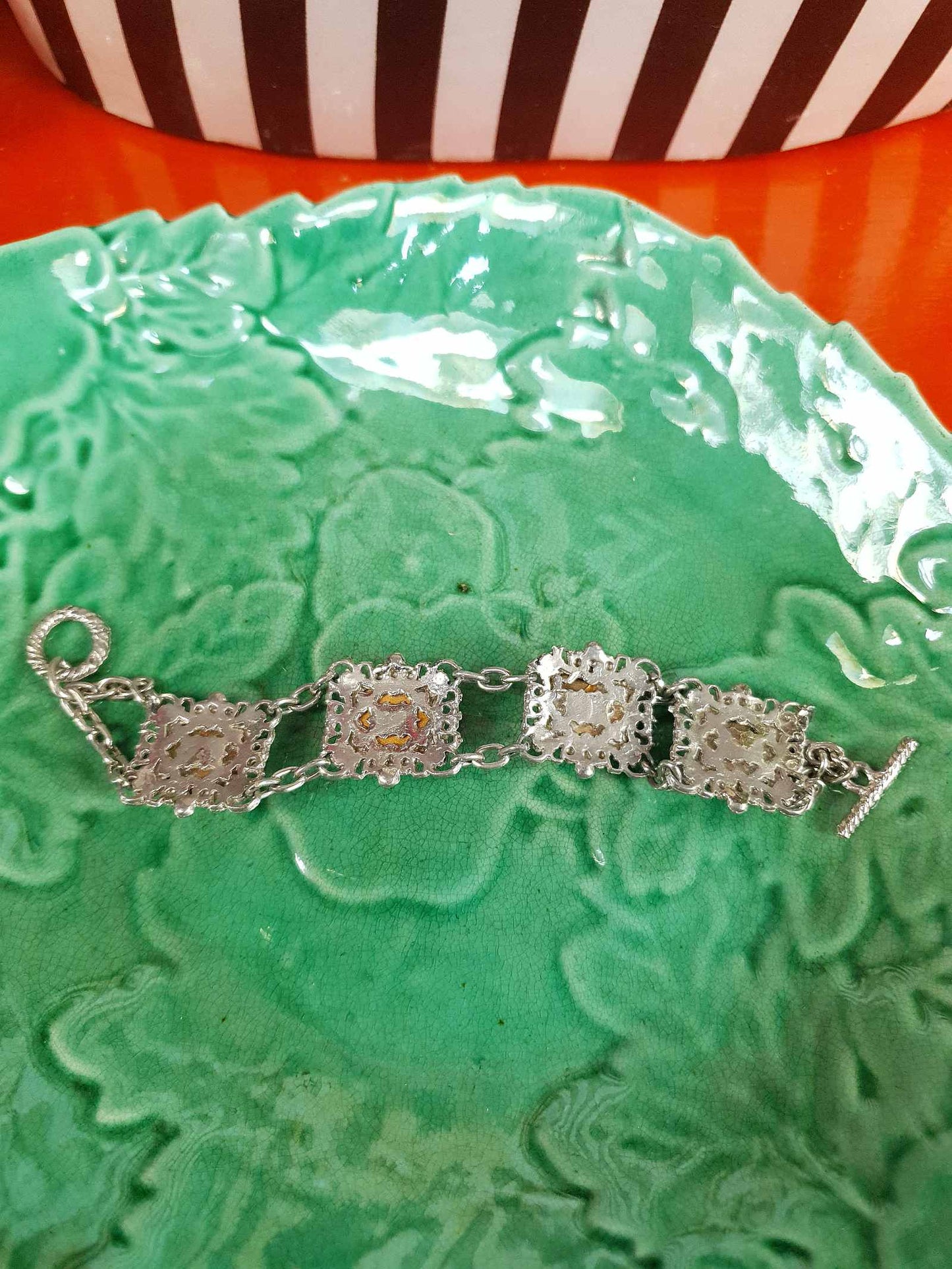 Vintage 1940s Purple Cabochon Pewter Filigree Bracelet