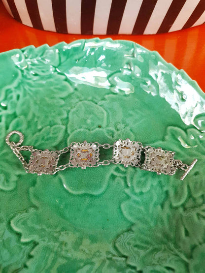 Vintage 1940s Purple Cabochon Pewter Filigree Bracelet