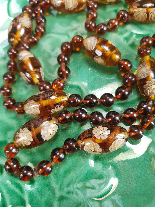 Vintage 1950s Murano Glass Necklace – Aventurine Daisy Lampwork Beads