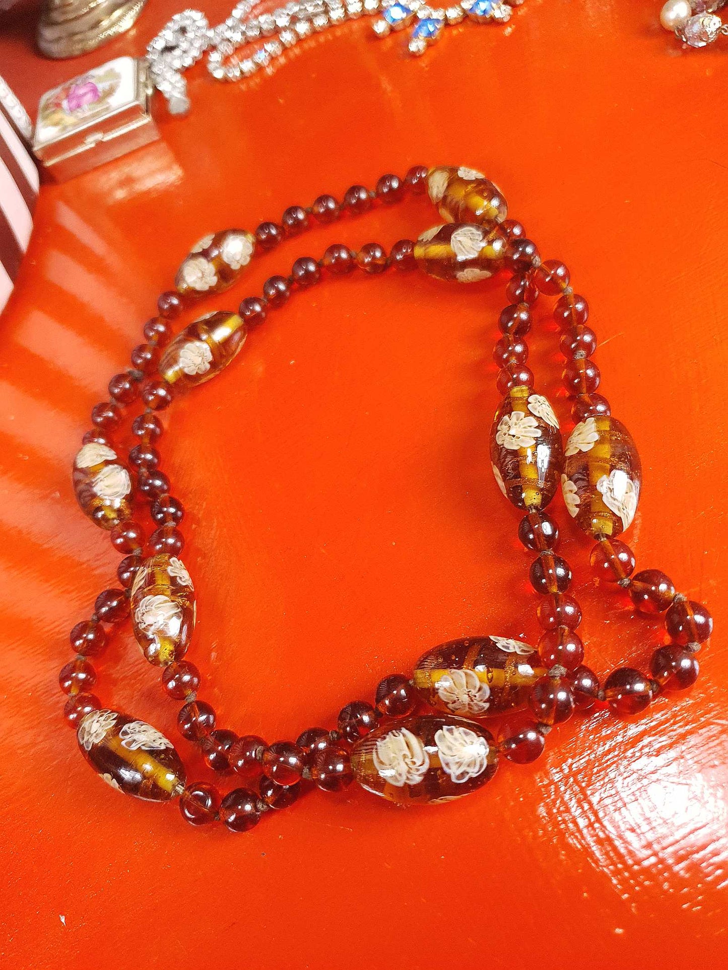Vintage 1950s Murano Glass Necklace – Aventurine Daisy Lampwork Beads