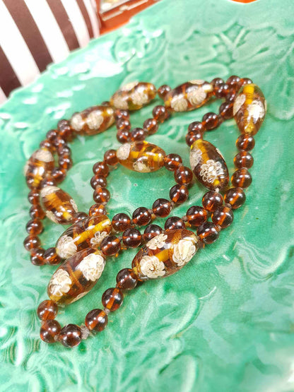 Vintage 1950s Murano Glass Necklace – Aventurine Daisy Lampwork Beads