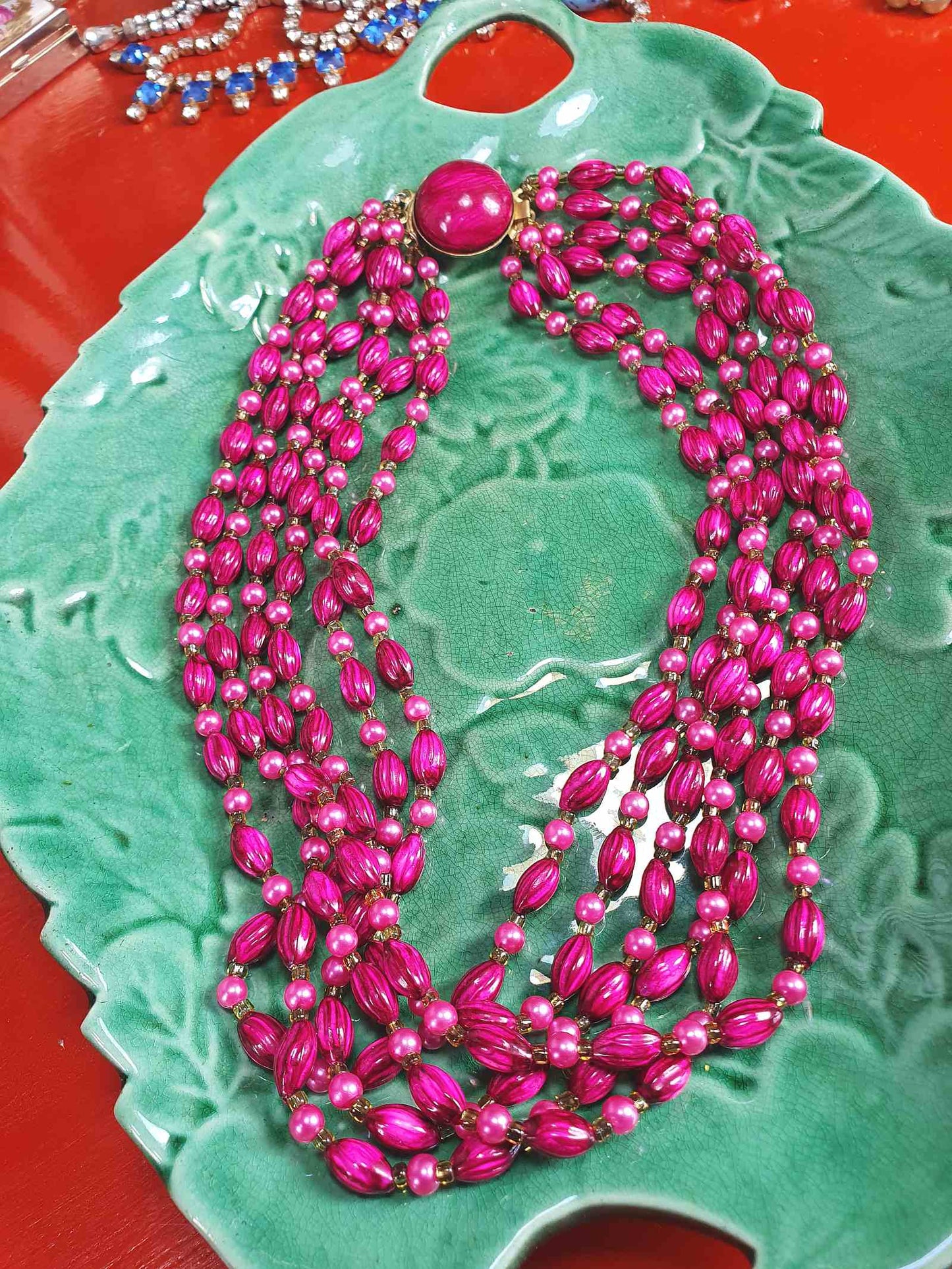 Vintage 1950s Cerise Pink Bead Pearl Necklace Six Strand