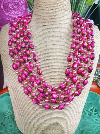Vintage 1950s Cerise Pink Bead Pearl Necklace Six Strand