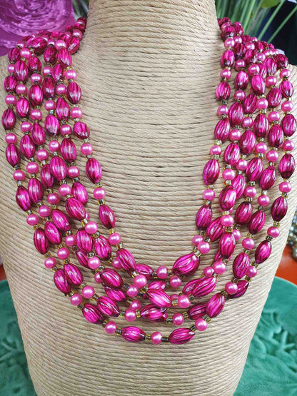 Vintage 1950s Cerise Pink Bead Pearl Necklace Six Strand