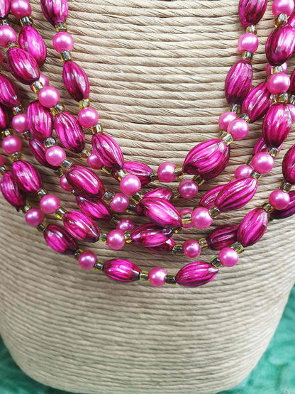 Vintage 1950s Cerise Pink Bead Pearl Necklace Six Strand
