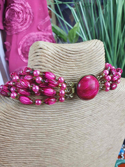 Vintage 1950s Cerise Pink Bead Pearl Necklace Six Strand