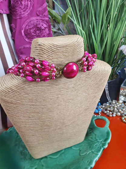 Vintage 1950s Cerise Pink Bead Pearl Necklace Six Strand