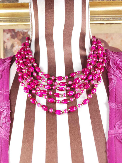 Vintage 1950s Cerise Pink Bead Pearl Necklace Six Strand