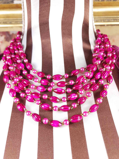 Vintage 1950s Cerise Pink Bead Pearl Necklace Six Strand