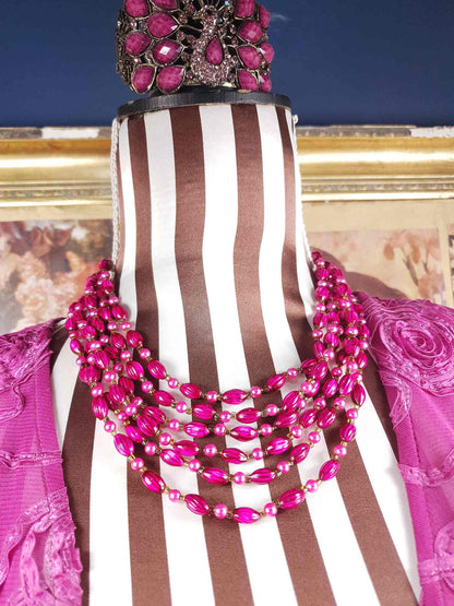 Vintage 1950s Cerise Pink Bead Pearl Necklace Six Strand