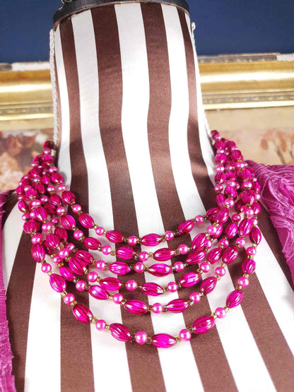 Vintage 1950s Cerise Pink Bead Pearl Necklace Six Strand