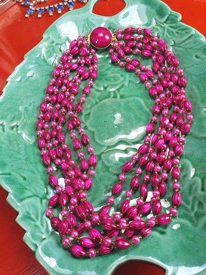 Vintage 1950s Cerise Pink Bead Pearl Necklace Six Strand