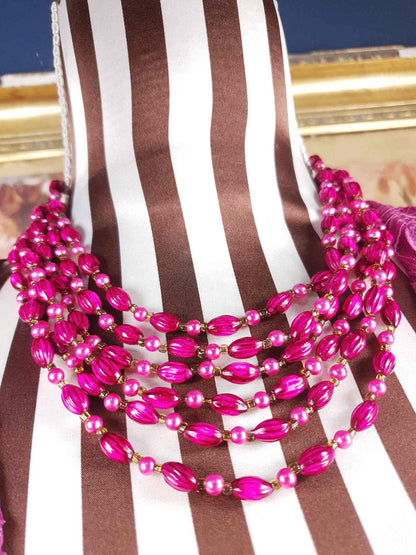 Vintage 1950s Cerise Pink Bead Pearl Necklace Six Strand