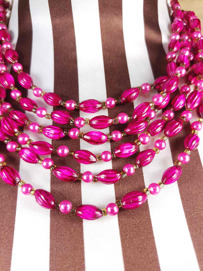 Vintage 1950s Cerise Pink Bead Pearl Necklace Six Strand