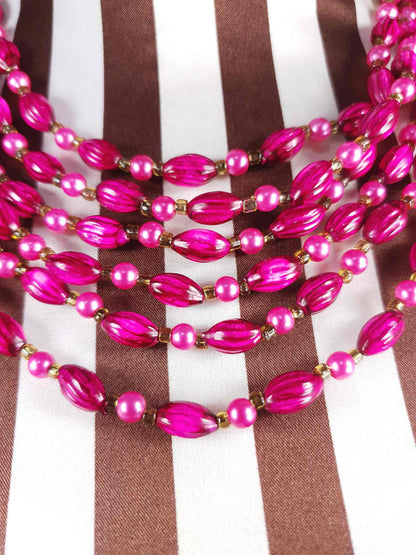 Vintage 1950s Cerise Pink Bead Pearl Necklace Six Strand