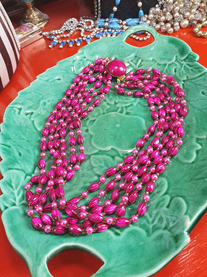 Vintage 1950s Cerise Pink Bead Pearl Necklace Six Strand