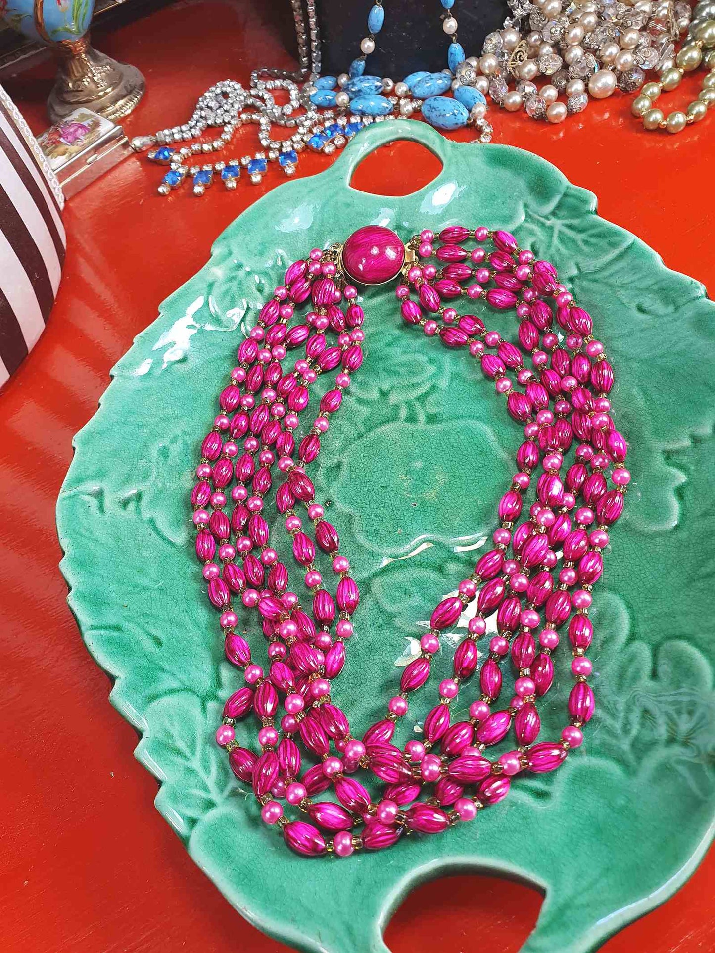 Vintage 1950s Cerise Pink Bead Pearl Necklace Six Strand