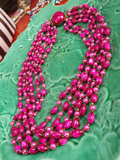 Vintage 1950s Cerise Pink Bead Pearl Necklace Six Strand
