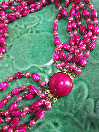 Vintage 1950s Cerise Pink Bead Pearl Necklace Six Strand