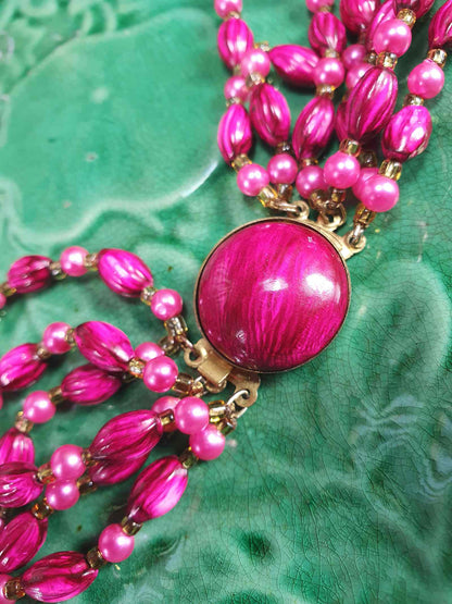 Vintage 1950s Cerise Pink Bead Pearl Necklace Six Strand