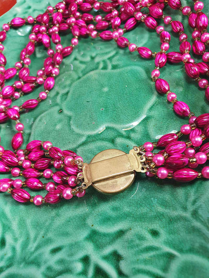 Vintage 1950s Cerise Pink Bead Pearl Necklace Six Strand