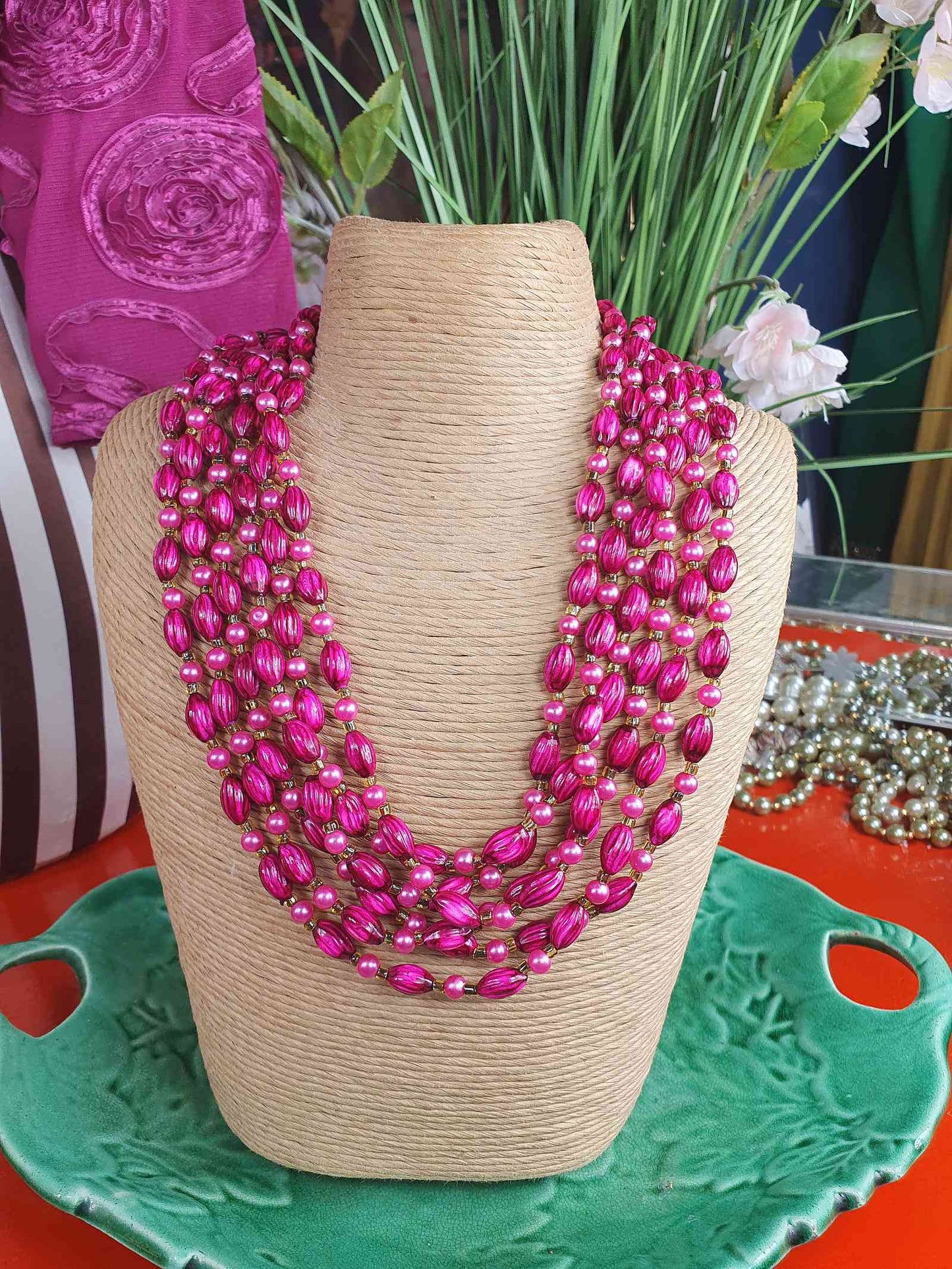 Vintage 1950s Cerise Pink Bead Pearl Necklace Six Strand