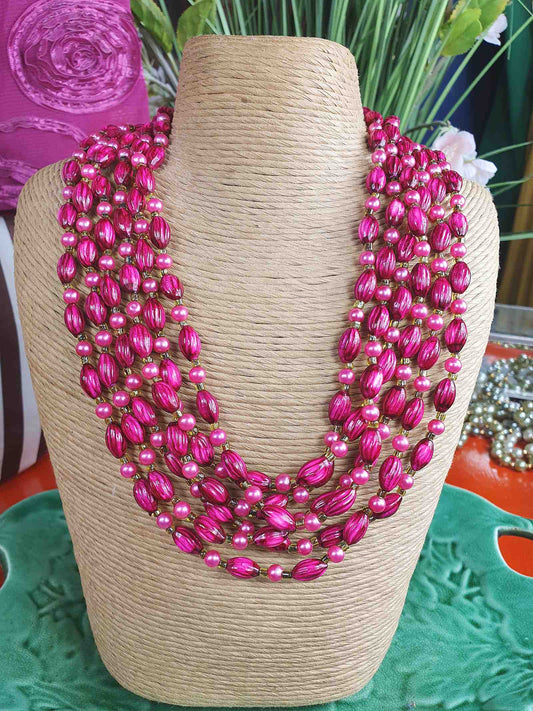 Vintage 1950s Cerise Pink Bead Pearl Necklace Six Strand